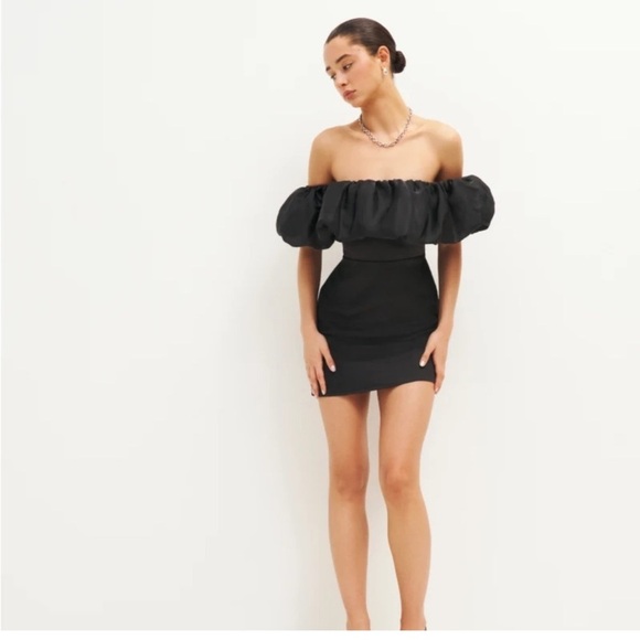NEW Reformation Alber Satin Off The Shoulder Ruffle Mini Dress Black NWT - Picture 4 of 10